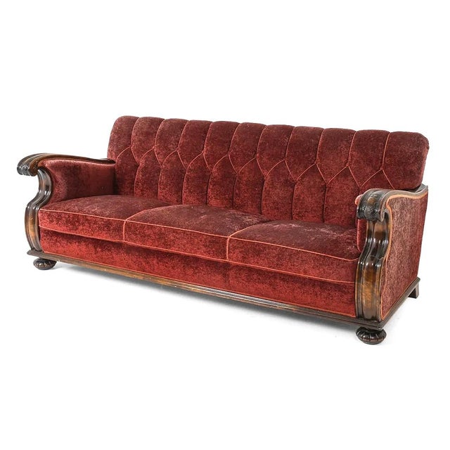 Swedish old school meets art deco meets Mid Century transitional in this very unusual sofa. Carved wood arms and solid...