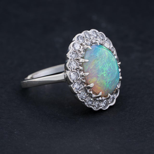 Vintage Australian Opal Diamond Halo Ring 14k White Gold Circa 1910 Size 5.25 For Sale In Madison - Image 6 of 11