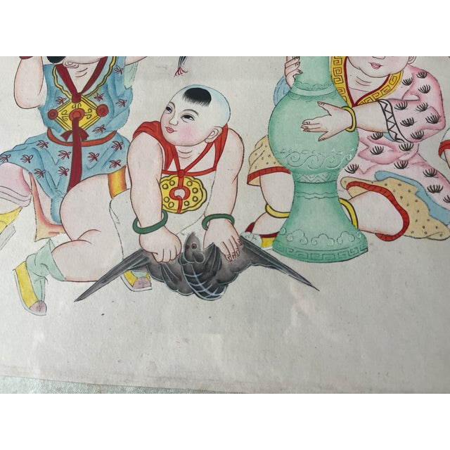 Figurative Antique Chinese Oil Painting Children Playing With Flying Bats Unsigned For Sale - Image 3 of 6