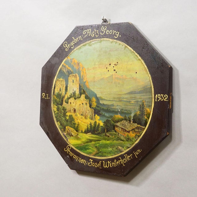 Antique Honor Target with Alpine Landscape and Castle Ruins, Germany 1932 Item e8149 An antique honorary shooting target...