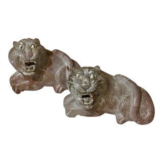 1980s Chinese Soapstone Tiger Scroll Weights - A Pair For Sale