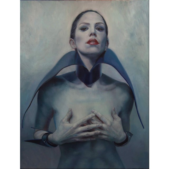 Dark Dreams presents a striking figure enveloped in an ethereal atmosphere, where the cool tones of blue and gray evoke a...