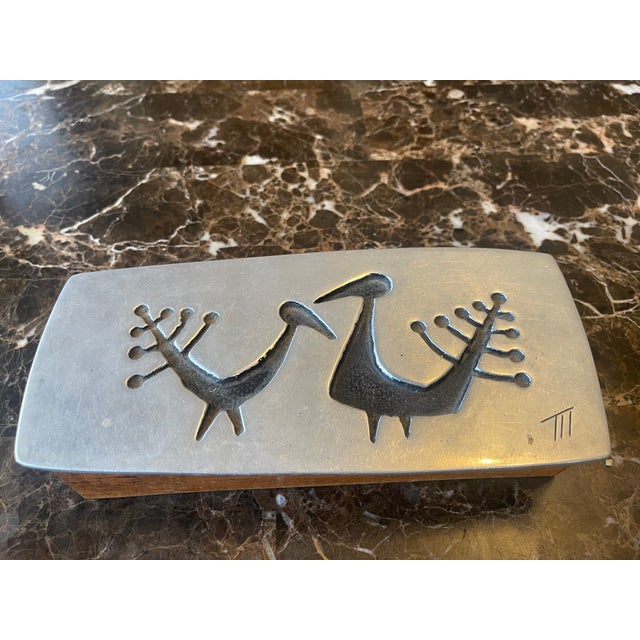 Wood Box With a Silver Top with modern Peacocks. The top is larger than the box, but sits perfectly.