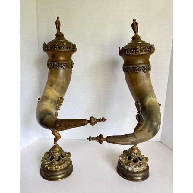 Pair of 19th C. Brass and Horn Cherub Trophy Beer Steins Mantel Cornucopias For Sale - Image 11 of 12