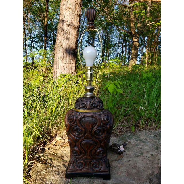 Wood Uttermost Lighting Table Lamp Wood Carved-Look 2004 Dark Brown For Sale - Image 7 of 8