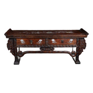 1980s Chinese Rosewood Table With Mother-of-Pearl Inlay and Two Drawers For Sale