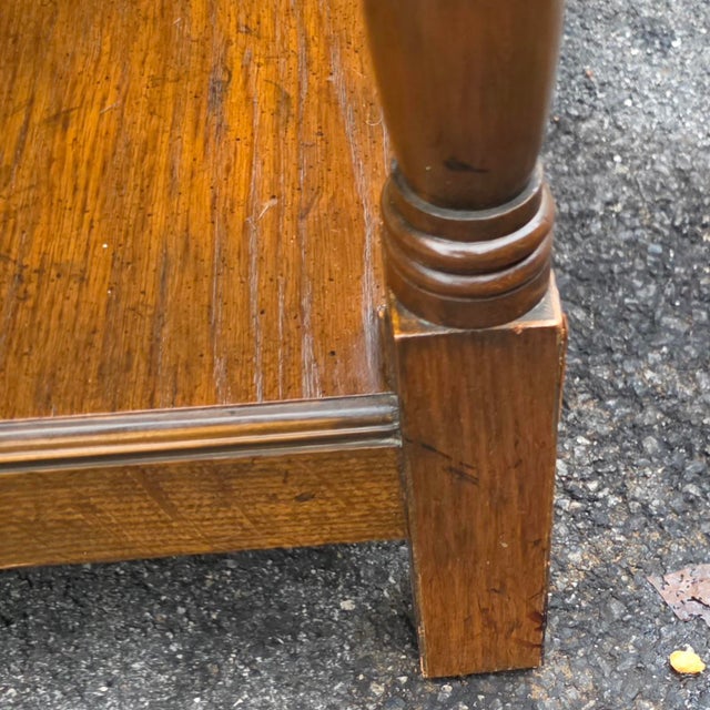 Late 20th Century Baker Furniture Georgian-Style Carved Oak Welsh Dresser With Open Plate Rack [2-Part], Brass Bail Hardware and Turned Supports For Sale - Image 11 of 15