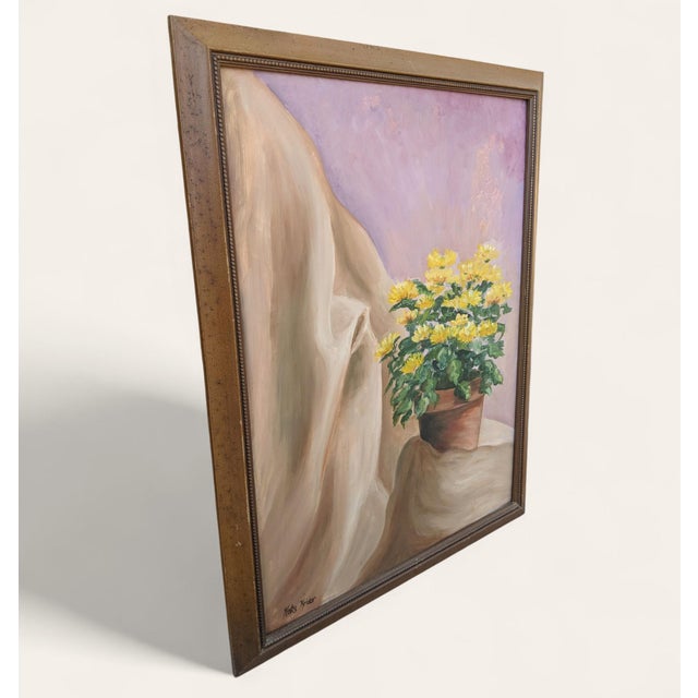 Textile 1960s Original Still Life Yellow Mum Flowers Painting Signed For Sale - Image 7 of 13