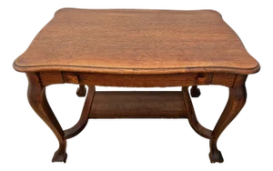 Antique Cadillac Expanding Desk Table, Drawer, Tiger Oak, Bottom Shelf, Ink Well