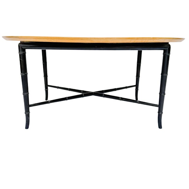 Vintage Mid-Century Modern Oval Cocktail Table With Dandelion Motif on Lacquered Faux Bamboo Base by Kittinger For Sale - Image 9 of 10
