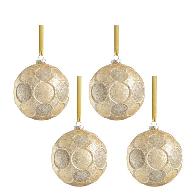 Gold Matte Frosted Serenity Glass Ball Ornaments with Gold Glitter - Set of 4, 4.75" For Sale