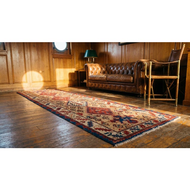 1890s Tan Camel Rhombus Antique Persian Serab Runner Rug 2'8" X 14'2" Handknotted Wool Carpet For Sale In New York - Image 6 of 7