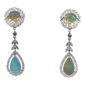 1980s Jelly Opal Diamond 18k Drop Earrings - 2 Pieces