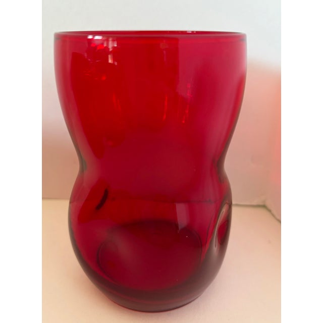 Mid-Century Modern Vintage Ruby Red Art Glass Tumblers, Sculptural Mid-Century Modern Drinking Glasses, Blenko Style Dimple Pinched Set of 11 For Sale - Image 3 of 9