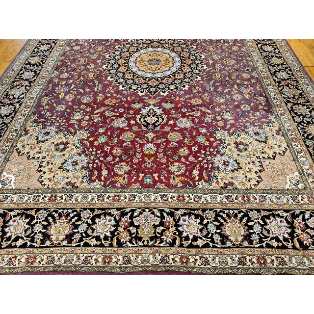 1900 - 1909 Vintage Persian Tabriz Rug, Hand-Knotted Wool & Silk, Fine Floral Pattern, Burgundy & Navy, 10x13 For Sale - Image 5 of 18