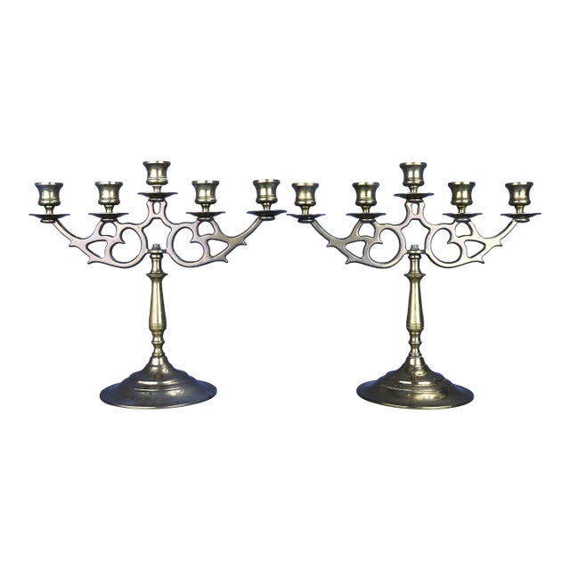 13" Large Vintage Brass Candelabras 5 Arms - Set of 2 For Sale