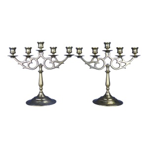 13" Large Vintage Brass Candelabras 5 Arms - Set of 2