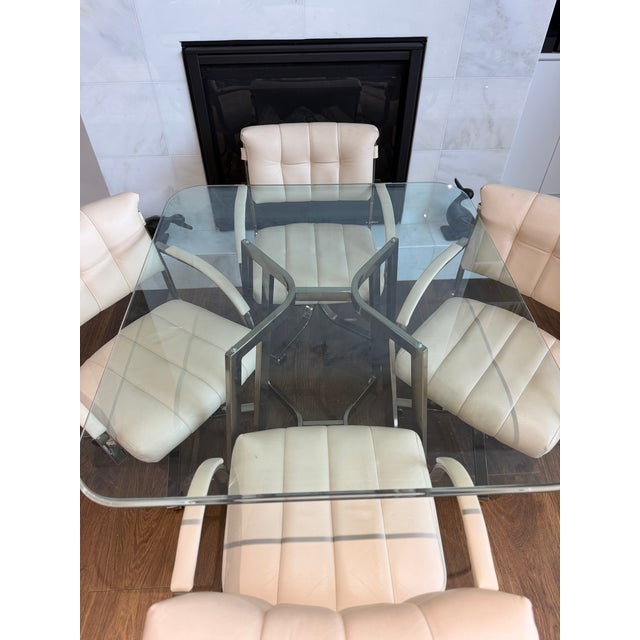 Vintage Cal-Style Bronzed Chrome & Glass Dining Set With Rolling Armchairs — Set of 5 For Sale - Image 6 of 14