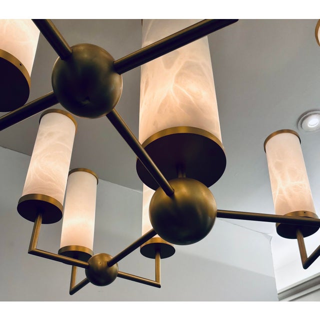 Baker Furniture Company Jean-Louis Denoit for Baker Modern Satin Brass and Alabaster Sodalite Chandelier For Sale - Image 4 of 5