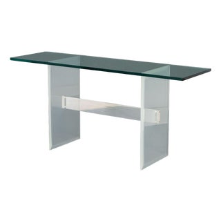 Modern Glass Top Console Table With Lucite and Steel Base For Sale
