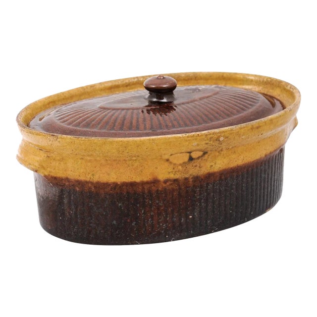 Rustic French 19th Century Covered Pâté Terrine with Brown and Gold Glaze For Sale