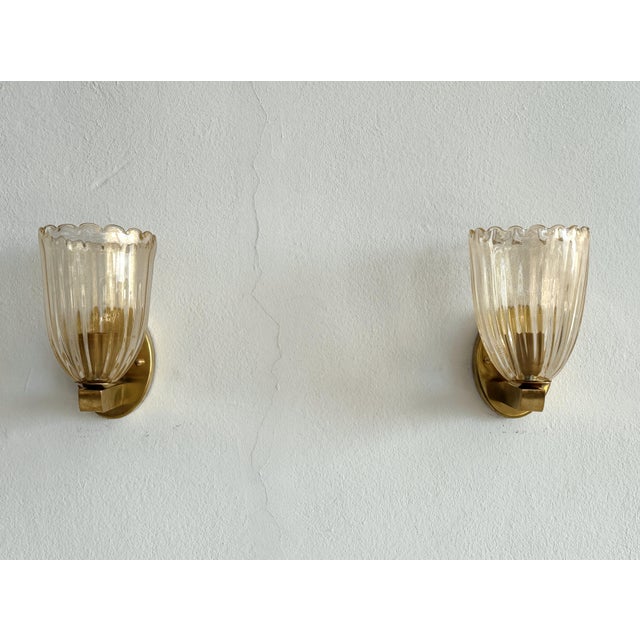 1990s Italian Art Deco Style Brass and Murano Glass Wall Sconces, 1990s, Set of 2 For Sale - Image 5 of 12