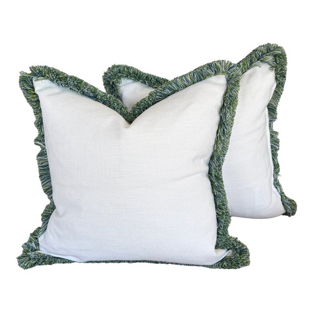 Cowtan & Tout White Pillows With Stout Brush Fringe For Sale