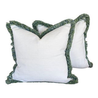 Pair of White Cowtan & Tout Pillows With Stout Brush Fringe For Sale
