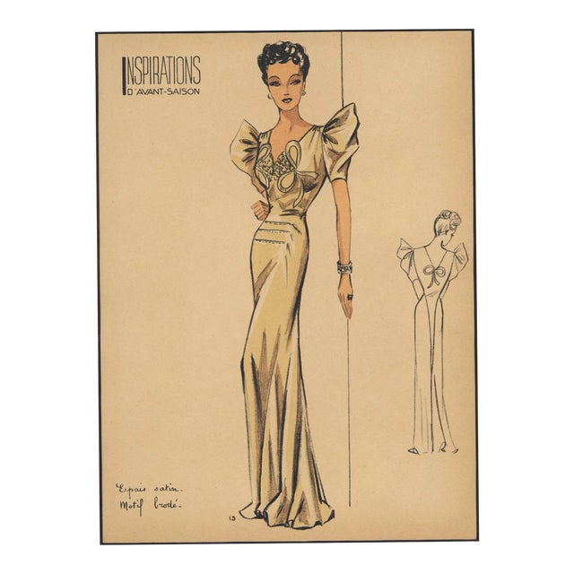 1940s Rare Large Mid-Century French Fashion Print, Evening Dress, Matted For Sale