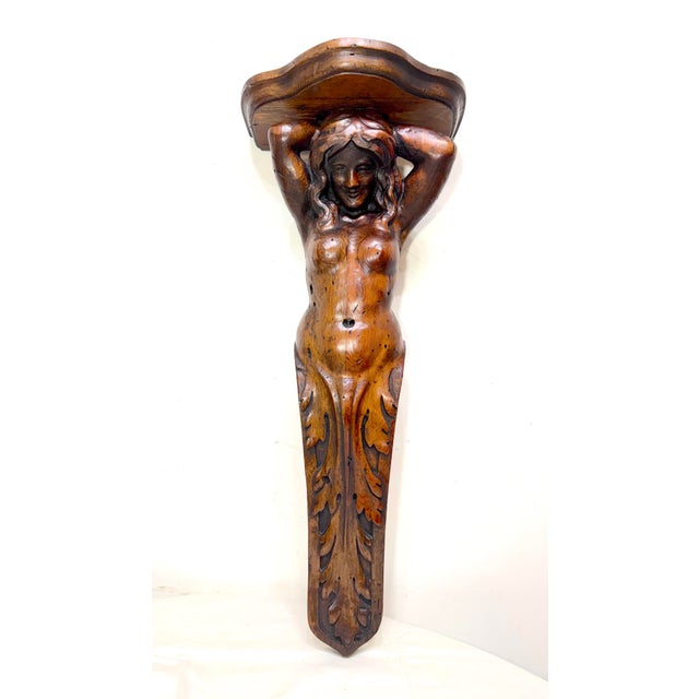 Huge Antique Hand Carved Wood Oak Figural Nude Lady Woman Wall Shelf Sculpture For Sale - Image 4 of 16