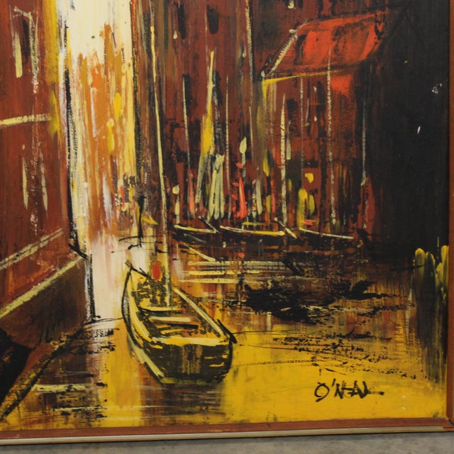 Wood 1970s Large Signed Oil Painting on Board | European Canal For Sale - Image 7 of 7