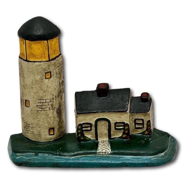 American Excellent Antique American Cast Iron New England Cape Cod Lighthouse & Salt Box Cottage Doorstop Circa 1920s For Sale - Image 3 of 18
