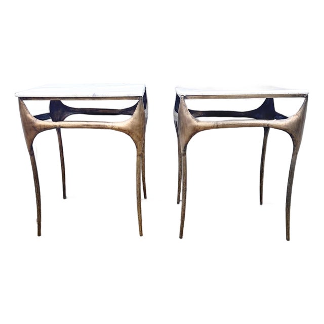 Vintage Paul Evans Style Brutalist Stone and Metal Side Tables- A Pair For Sale