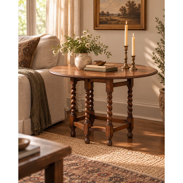 Classic English practicality, with better legs. This Antique British oak gateleg table combines a compact drop-leaf design...