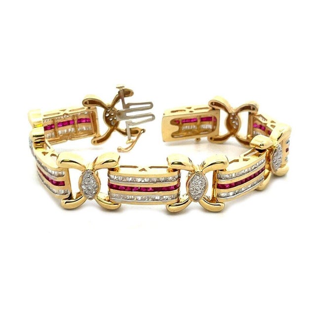 Late 20th Century Ruby Diamond Gold Bracelet Bar X Links 14k Yellow Flex Links For Sale - Image 5 of 8