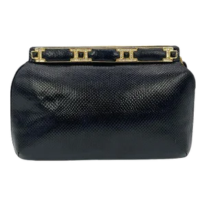 Judith Leiber Black Lizard Crystal and Leather Top Clutch