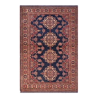 Southwestern Super Kazak Blue/Tan Wool Rug - 4'8'' X 6'1'' For Sale