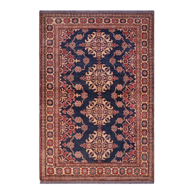 Southwestern Super Kazak Blue/Tan Wool Rug - 4'8'' X 6'1'' For Sale