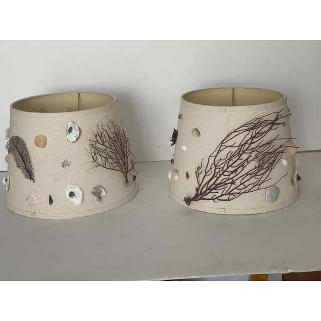 Coastal 1970s Pair Coastal Sea Shell Linen Lamp Shades For Sale - Image 3 of 5