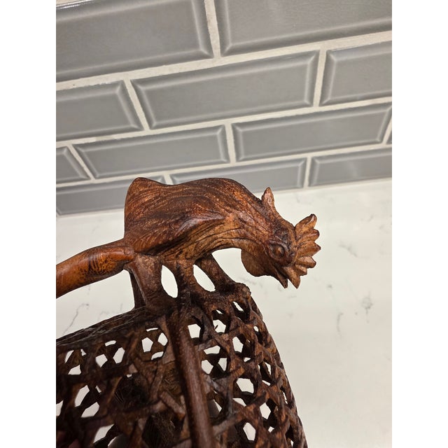 Mid-Century Balinese Teak Cockfighter With Double-Rooster Openwork Cage Sculpture For Sale - Image 10 of 12