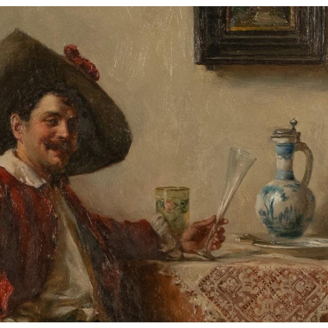 Antique German Genre Oil Painting Portrait Cavalier Drinking Wine by Albert Friedrich Schroder, 1899 For Sale - Image 10 of 14