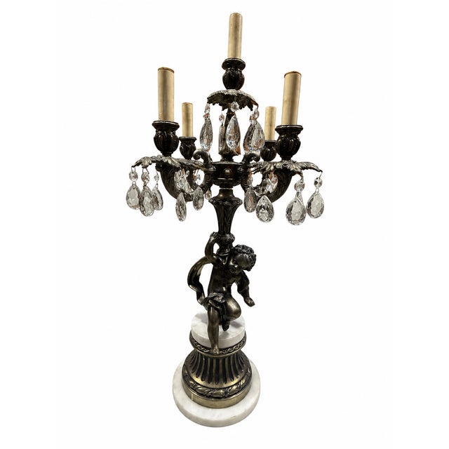 Hollywood Regency Vintage Hollywood Regency Cherub Marble & Crystal 5-Light Candelabra Lamps - Pair For Sale - Image 3 of 7
