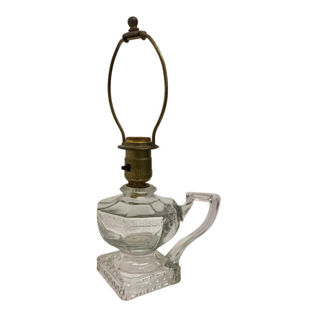 Antique Greek Key Pressed Glass Electrified Oil Lamp For Sale