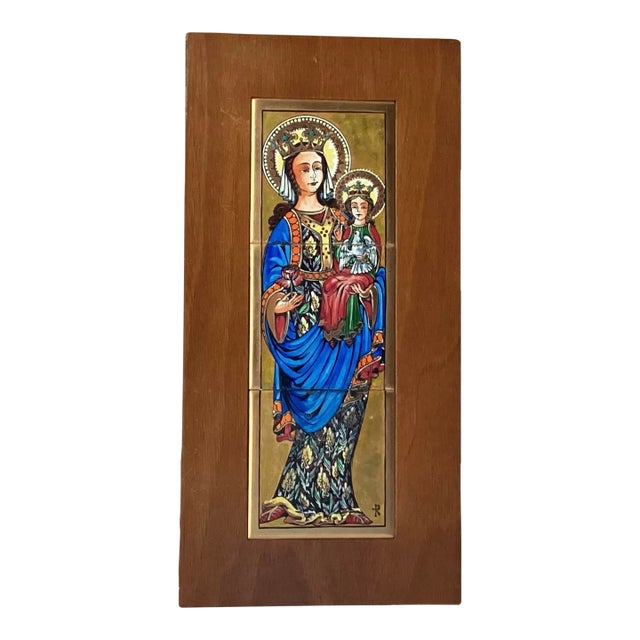 Vintage Orthodox Icon Infant of Prague Hand Painted Tiles on Wooden Wall Plaque For Sale