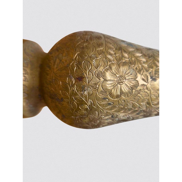 Vintage Anglo Indian Etched Brass Vase 10" Floral Engraved Baluster For Sale - Image 12 of 14