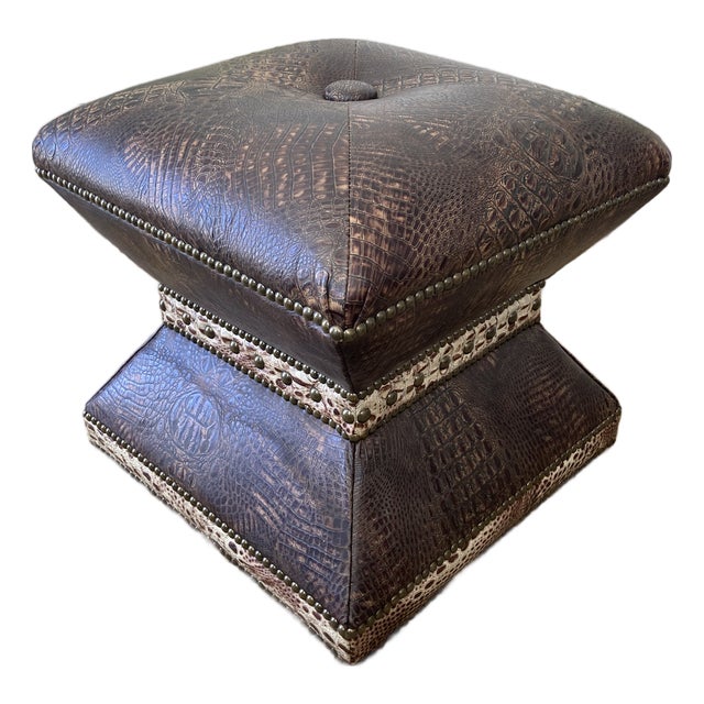 Faux Crocodile Custom Ottoman With Nailheads Brown For Sale