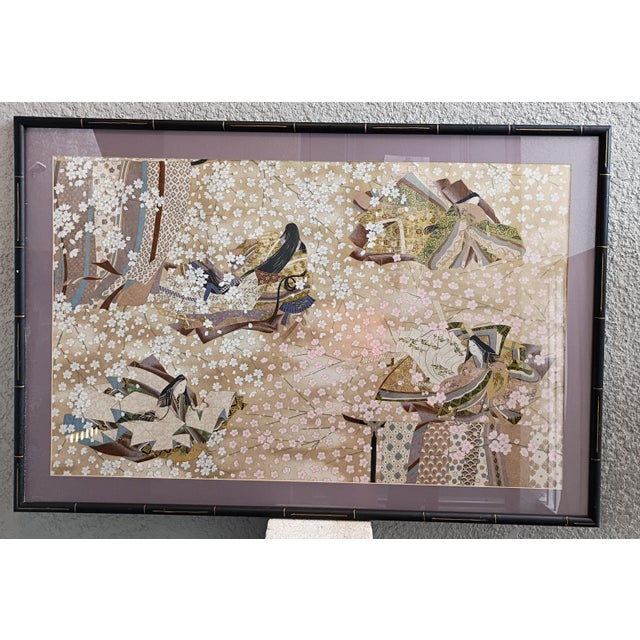 Japanese 1960s Japanese Yuzen Paper Art Panel - Court Princesses & Cherry Blossoms For Sale - Image 3 of 9