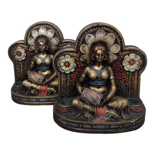 Original Vintage Art Deco Orientalist Romantic Female Figure Painted Plaster Bookends 1930’s For Sale