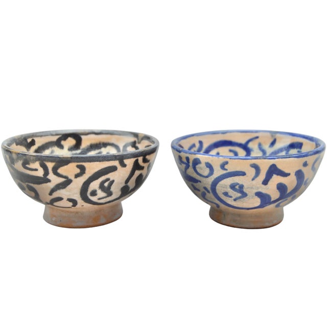 Moroccan Antique Moroccan Blue & Black Calligraphy Ceramic Bowls - 2 Pieces For Sale - Image 3 of 9