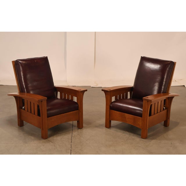High Quality American Made Pair Of Stickley Mission Collection Morris Lounge Chairs Crafted In Solid Oak With Rich Medium...